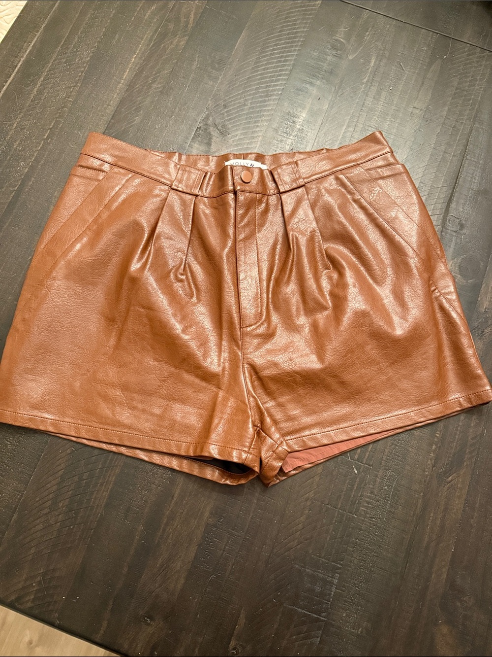 Molly Bracken High-Waist Faux Leather Shorts in Cognac